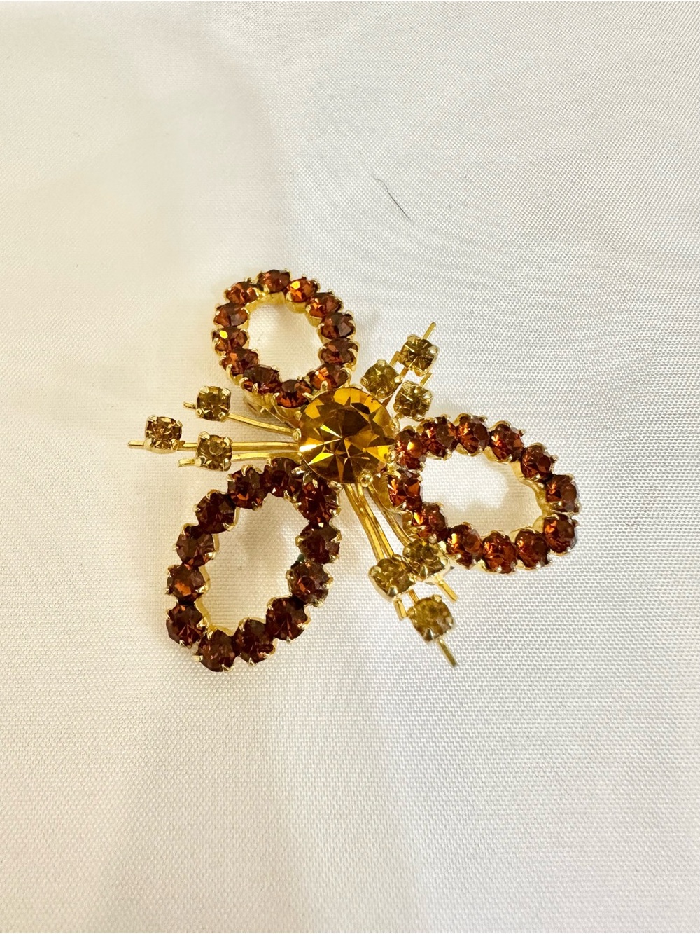 Vintage Gold-Tone Amber Crystal Floral Brooch